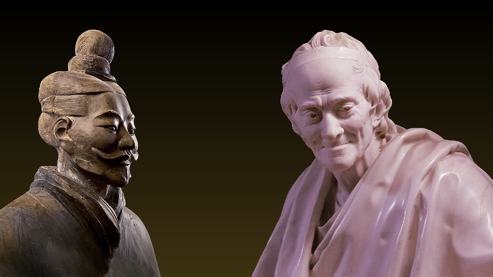 A terracotta warrior and a bust of Voltaire