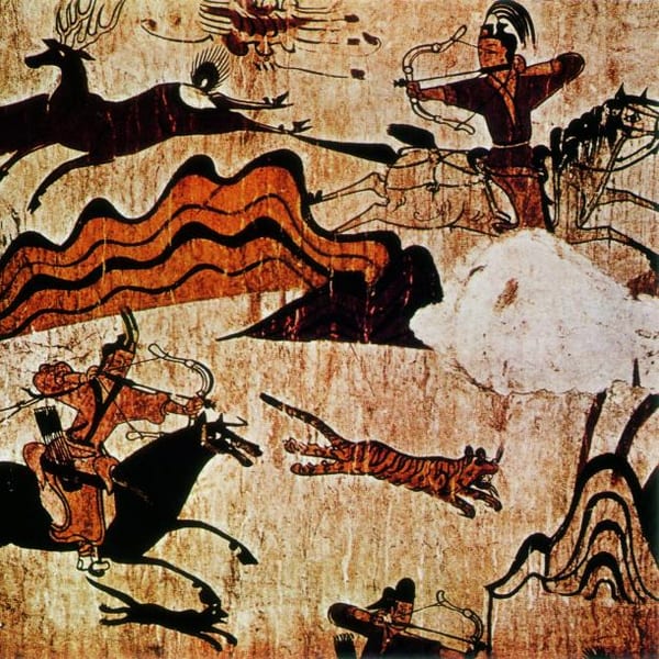 Goguryeo horsemen in feathered hats hunting deer and a tiger